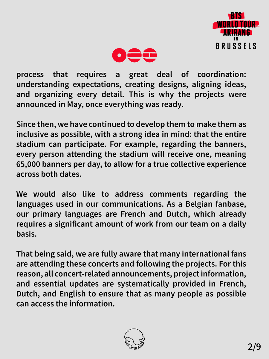 _BTSBELGIUM's tweet photo. [#BTS_WORLDTOUR_BRUSSELS]

📣STATEMENT
🇫🇷🇳🇱⬇️

🇬🇧 ARMY! As the concerts are approaching, we would like to clarify a few points in response to some comments and the confusion we have seen circulating about the projects https://t.co/CkGXV5tKiZ