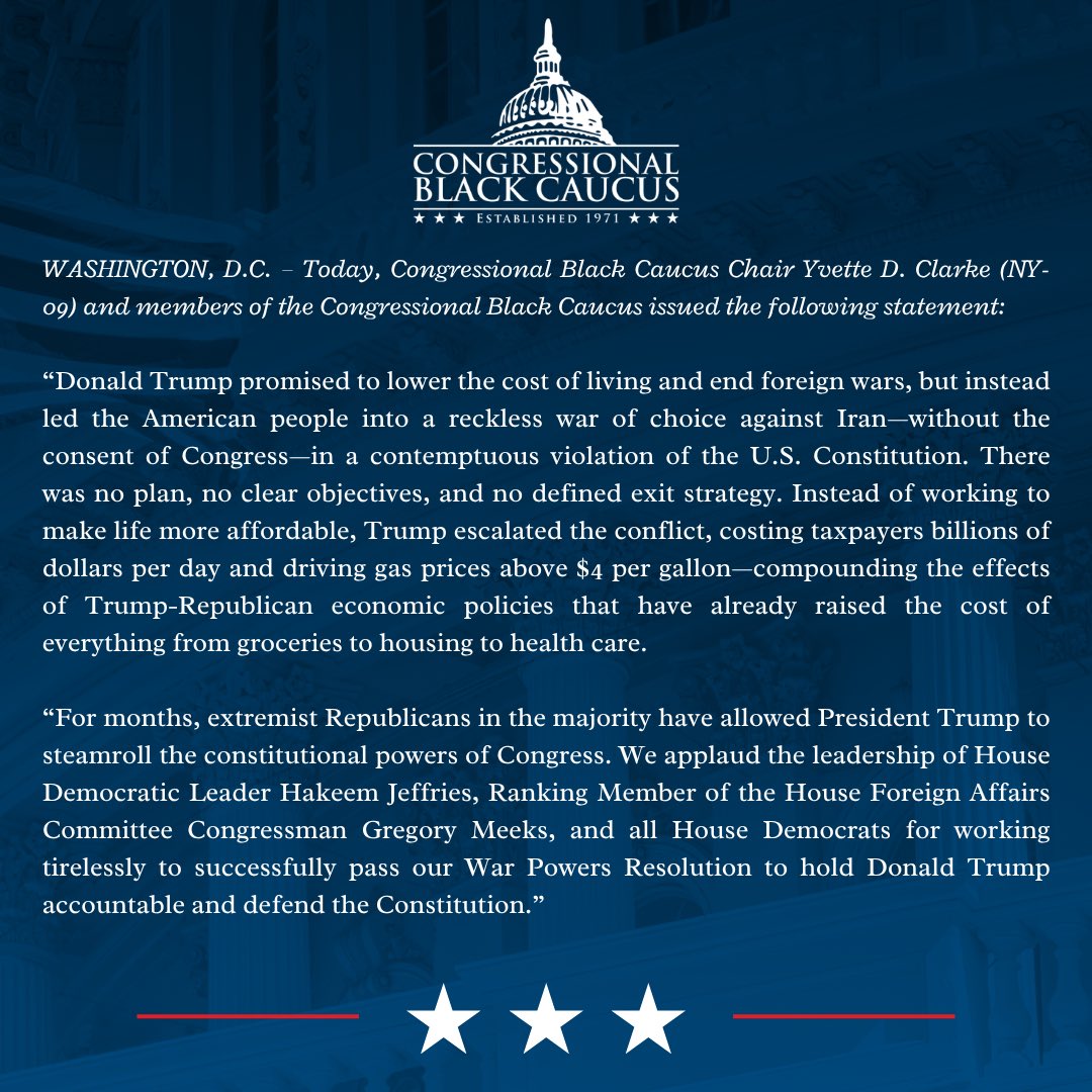 TheBlackCaucus's tweet photo. Donald Trump promised to lower the cost of living and end foreign wars. That promise was a lie.
 Statement on the passage of House Democrats’ War Powers Resolution. https://t.co/PiXbxfmpRy