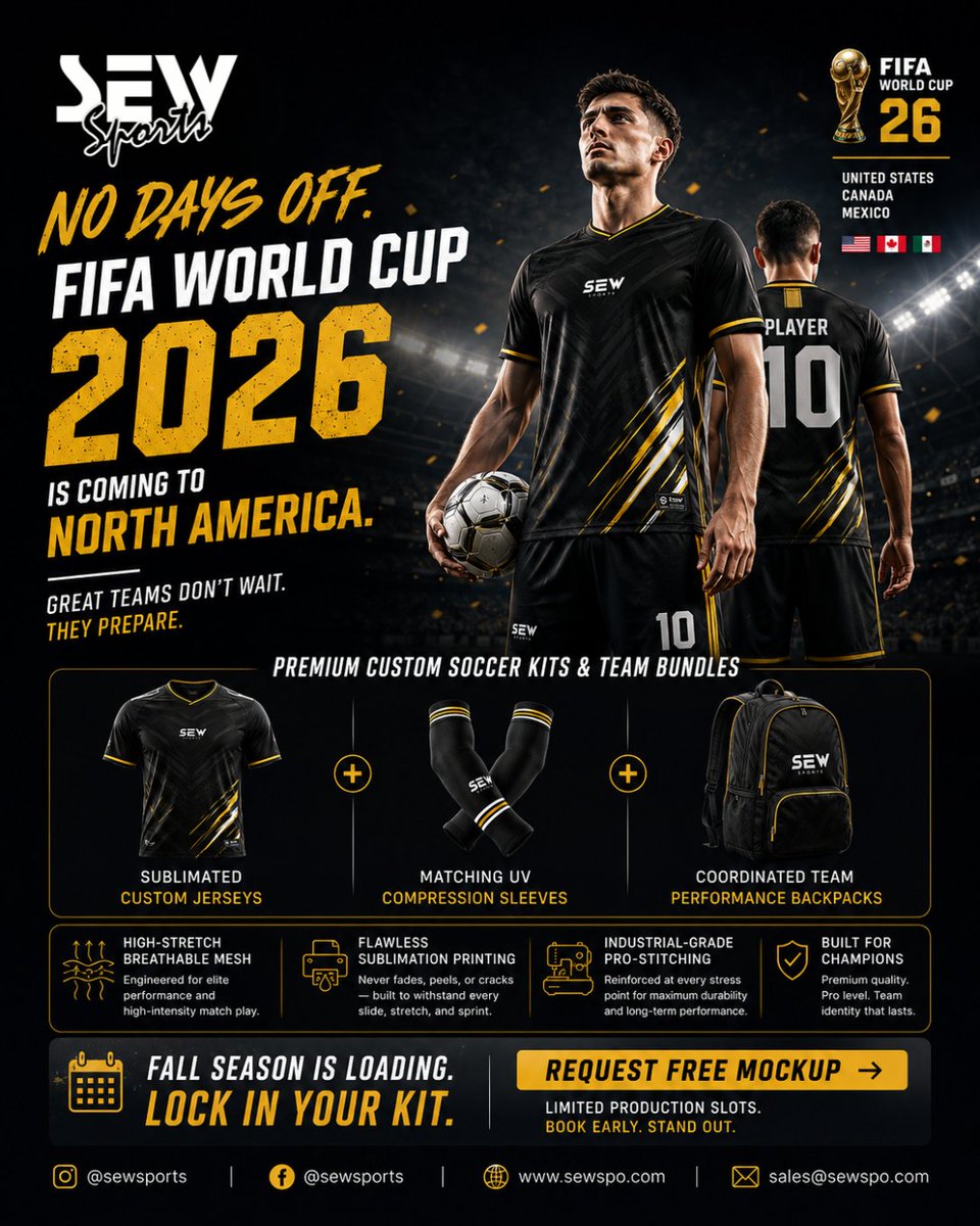 sewsports's tweet photo. The World Cup is coming to North America in 2026, but the race for kit dominance starts now. From US club tournaments to European summer camps, look like pros.

Request a FREE mockup of our premium custom soccer kits today! 🧵👇 https://t.co/RJXwaOsDCK