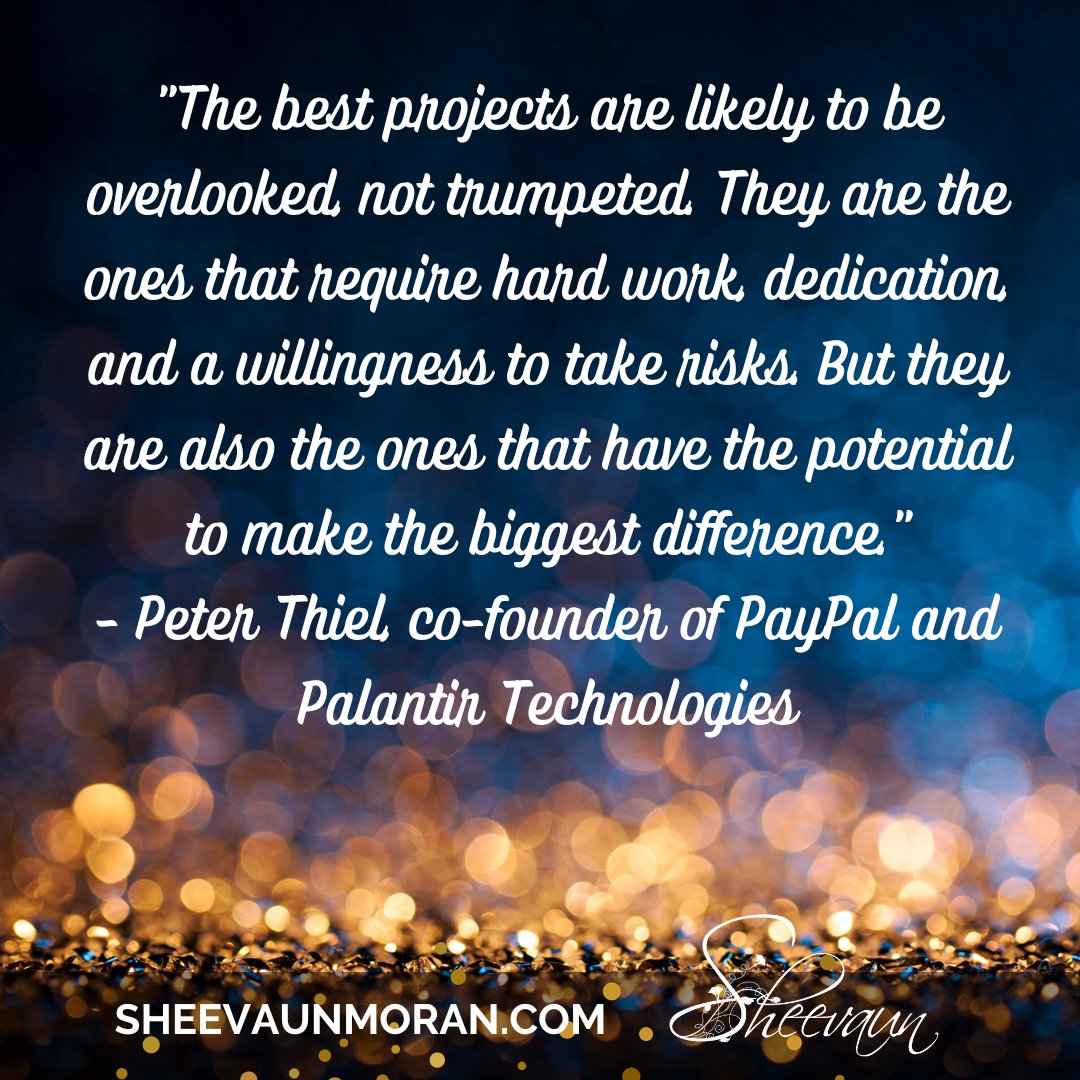 sheevaun's tweet photo. "The best projects are likely to be overlooked, not trumpeted. They are the ones that require hard work, dedication, and a willingness to take risks. But they are also the ones that have the potential to make the biggest difference."
- Peter Thiel, co-founder of PayPal and Palantir Technologies

https://t.co/C108N9pUR5

#sheevaunmoran