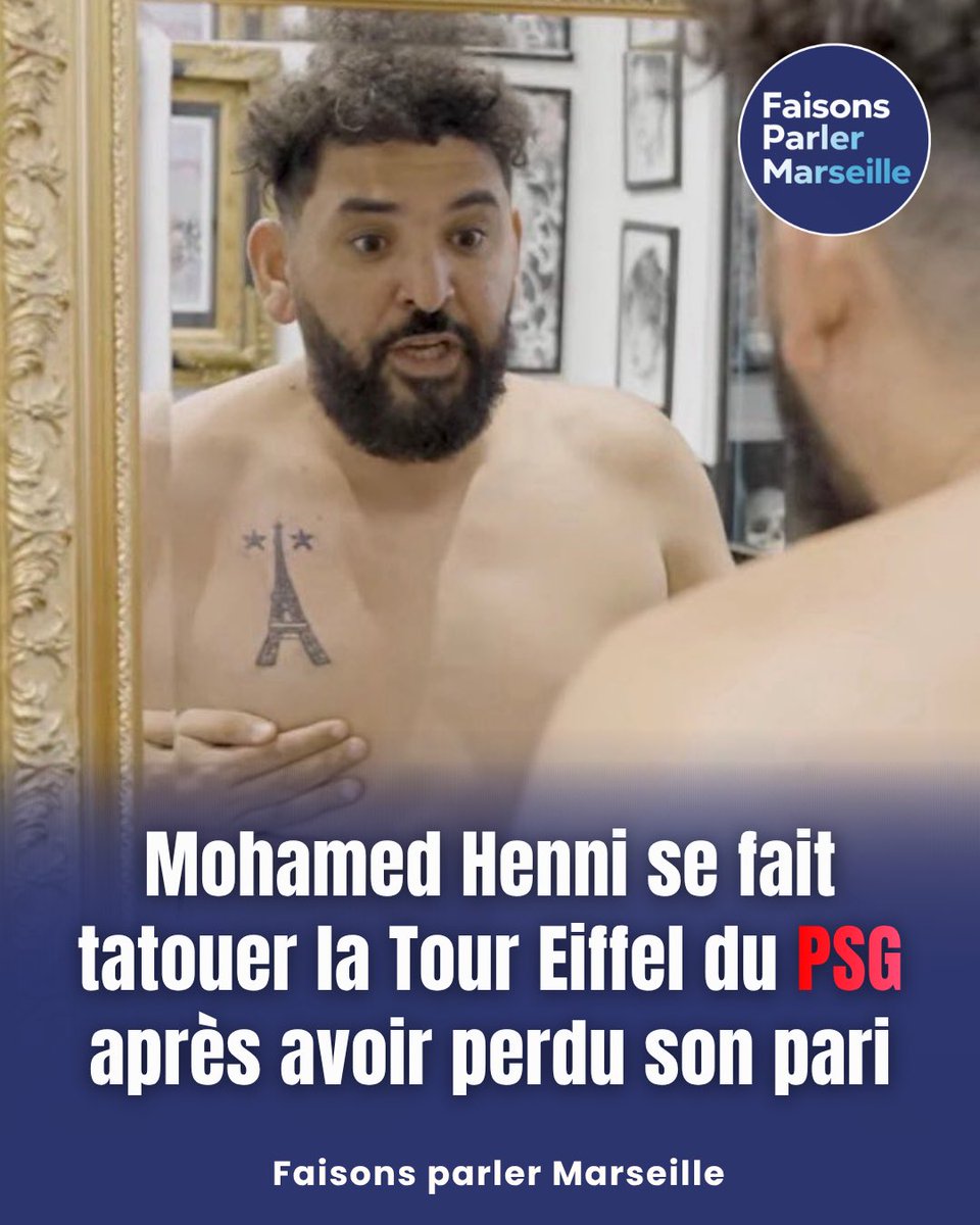 FaisonsParler's tweet photo. Le supporter marseillais @henni_mo a décidé de tenir sa promesse après la victoire du PSG en Ligue des champions en se faisant tatouer la Tour Eiffel du club parisien accompagnée de deux étoiles. https://t.co/8xvh2ArR9b