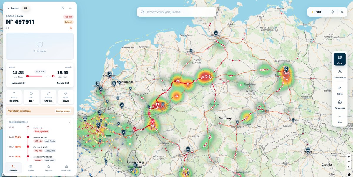 traintracker24_'s tweet photo. En France, on se plaint souvent des retards des trains. 

La réalité ?

Regardez ce qui se passe en Allemagne en ce moment même, la majeure partie du réseau allemand est affecté par de nombreux retards. 🕜

- En 2025, les TGV français tournent autour de 78-80 % de ponctualité (retard < 5 min). ✅

- Les ICE/IC allemands sont souvent autour de 60 % (retard < 6 min), avec des mois catastrophiques sous les 55 %. ❌

Moralité : avant de (trop) râler sur la SNCF, jetez un œil chez nos voisins. 🚅

La Deutsche Bahn traverse une vraie crise de fiabilité depuis plusieurs années.

#TrainTracker24 #RetardsTrains #TGV #SNCF