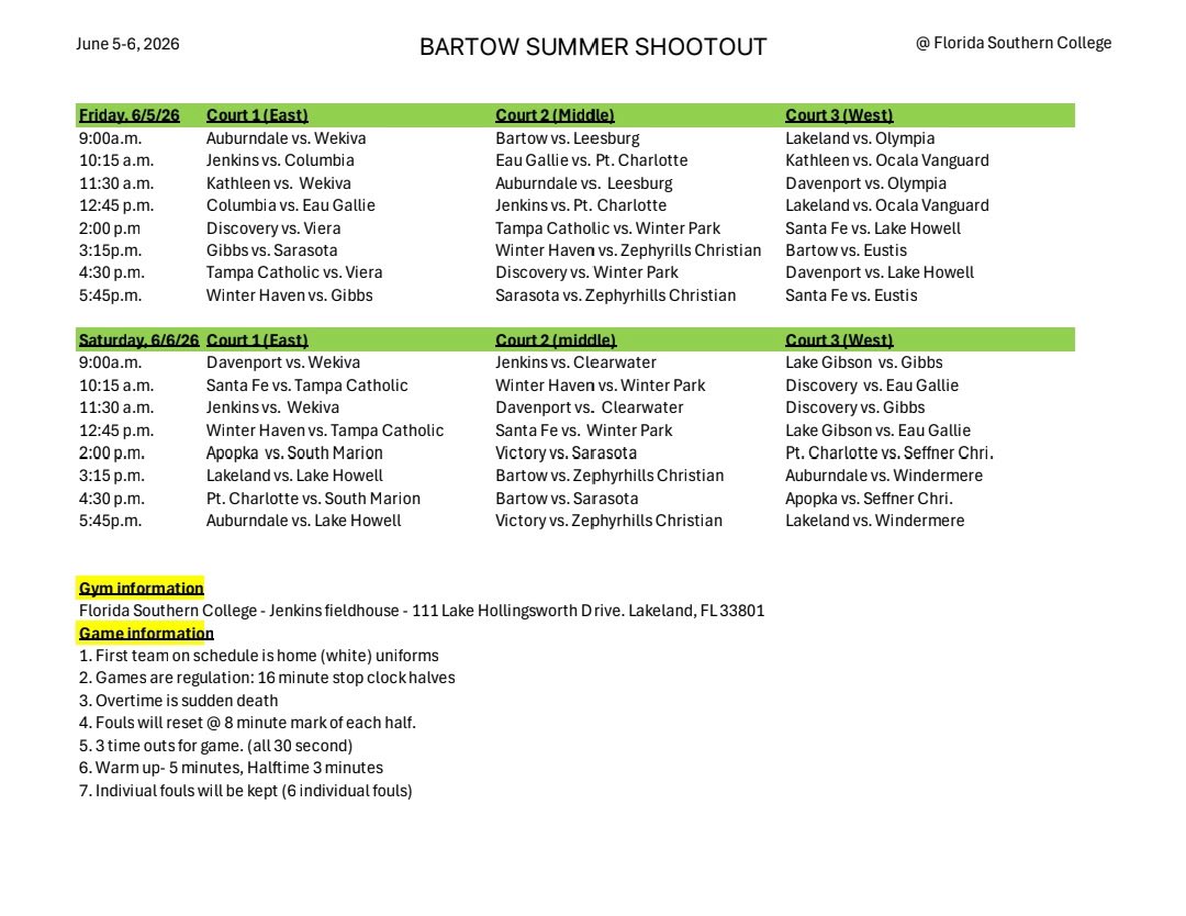 Hoops863's tweet photo. ***Schedule Update***

Bartow Summer Shootout… 
Sebring has been replaced by Lake Gibson on the schedule….

Pull Up!!!!

#polkhoops
#1SourceforPolkCountyHighSchoolBasketball https://t.co/jMZHXG1nlH