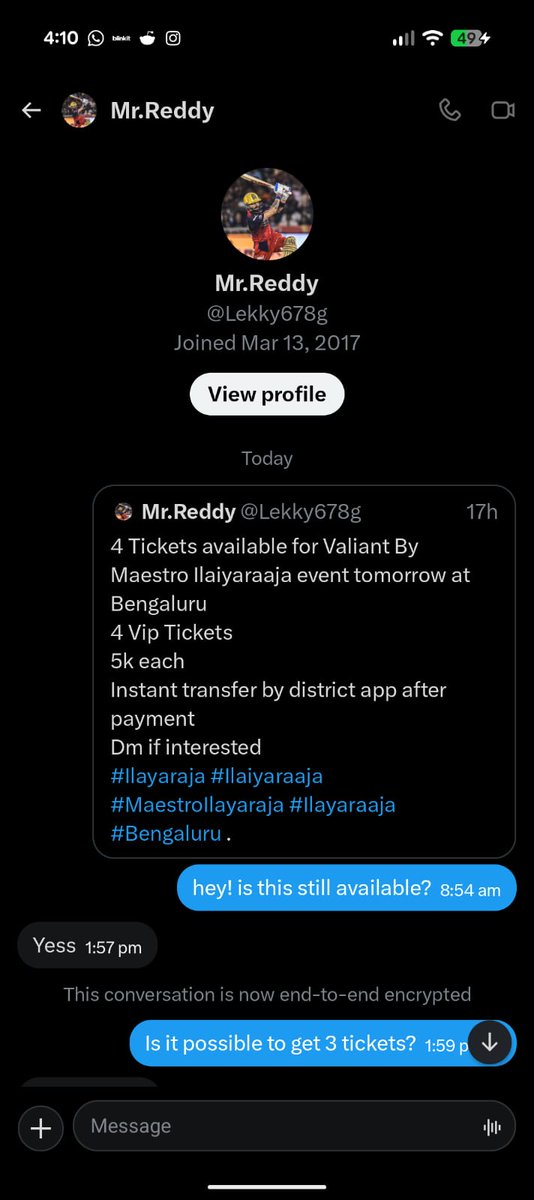 poonduchutney's tweet photo. Below profile is a scam

I had requested for the Valiant tickets on Tuesday and my friend has reached out to him on his dms on my behalf as my dms are locked. 

I have already filed a case but this person is still active here like this! 

@Cyberdost https://t.co/PVBkKrQ7ix