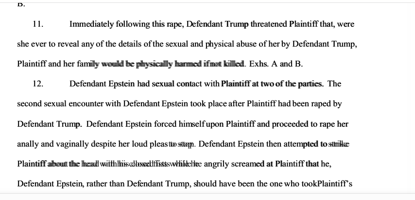 lesleyabravanel's tweet photo. TRUMP EPSTEIN PEDO FILES: "I personally witnessed four sexual encounters that the Plaintiff was forced to have with Mr. Trump during this period, including the fourth of these encounters where Mr. Trump forcibly raped her despite her pleas to stop." https://t.co/Ib5cGUjAZn https://t.co/1qXibyKLz4
