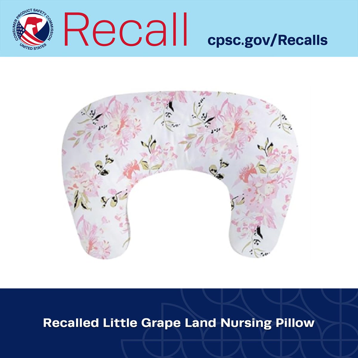USCPSC's tweet photo. #Recall: Little Grape Land Nursing Pillows; The recalled nursing pillows advertised for infant feeding and tummy time violate the mandatory safety standards for nursing pillows and infant support cushions. Get refund. https://t.co/GPt7mWZ1jL https://t.co/9AlbJi2sJ2