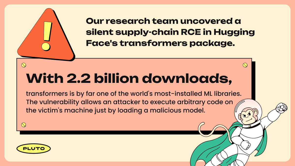 pluto_security's tweet photo. The security assumption every AI team gets wrong: "As long as trust_remote_code=False is set, we are safe." ❌

We put that to the test. What we uncovered is a critical RCE vulnerability in @huggingface Transformers (CVE-2026-4372) that completely bypasses this control.

A thread on how a routine model load turns into complete environment compromise 👇

1/3 🔍 The Exploit & ScaleBy abusing model configuration fields, an attacker can embed a malicious payload inside a configuration file. It executes arbitrary code even with remote code disabled.
The affected versions were downloaded over 232M times while live.

2/3 🚨 The RiskSuccessful exploitation means full environment compromise—exposing cloud credentials, API keys, source code, and proprietary datasets.

Impacts Transformers versions 4.56.0 through 5.2.x.
3/3 🛡️ Remediation• Upgrade to version 5.3.0 immediately. • Audit previously downloaded model configurations. • Move beyond checkbox security—static ecosystem flags aren't enough.

Kudos to the Hugging Face team for the quick patch collaboration.

👇 Full technical breakdown link in the replies!