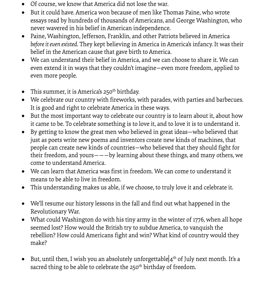 mbateman's tweet photo. One month until America’s 250th.

Here’s my closing script for our American Revolution unit, for 5- to 12-year-olds at Montessorium.

This is as morally didactic as I will ever be in a classroom. https://t.co/dFASbSL8JO