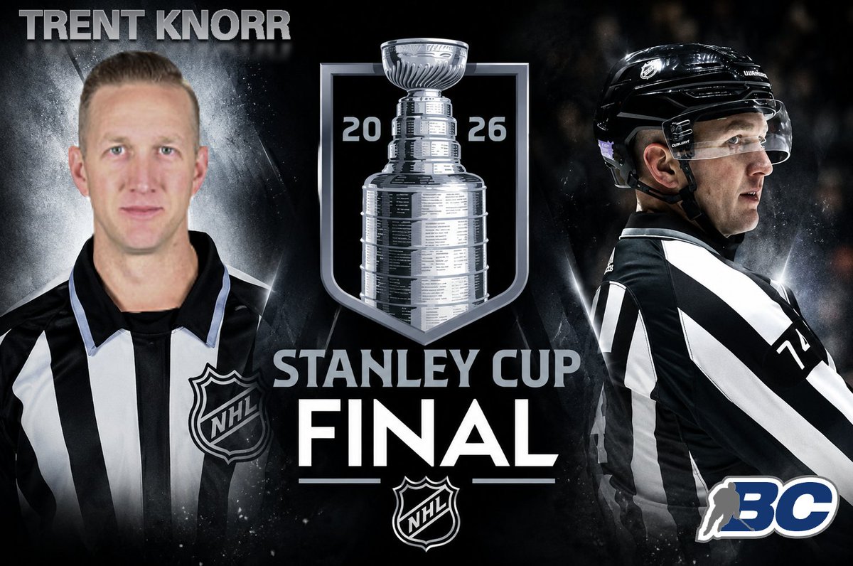 BCHockey_Refs's tweet photo. Congratulations to @BCHockey_Source alumni &amp; officiating coach Trent Knorr on his 2nd consecutive @StanleyCup Final. 

With at least 1 BC Hockey alumni assigned for a 14th straight Stanley Cup Final, @BCHockey_Refs alumni account for 19% of all Stanley Cup assignments since 2001. https://t.co/rePYlIChoJ