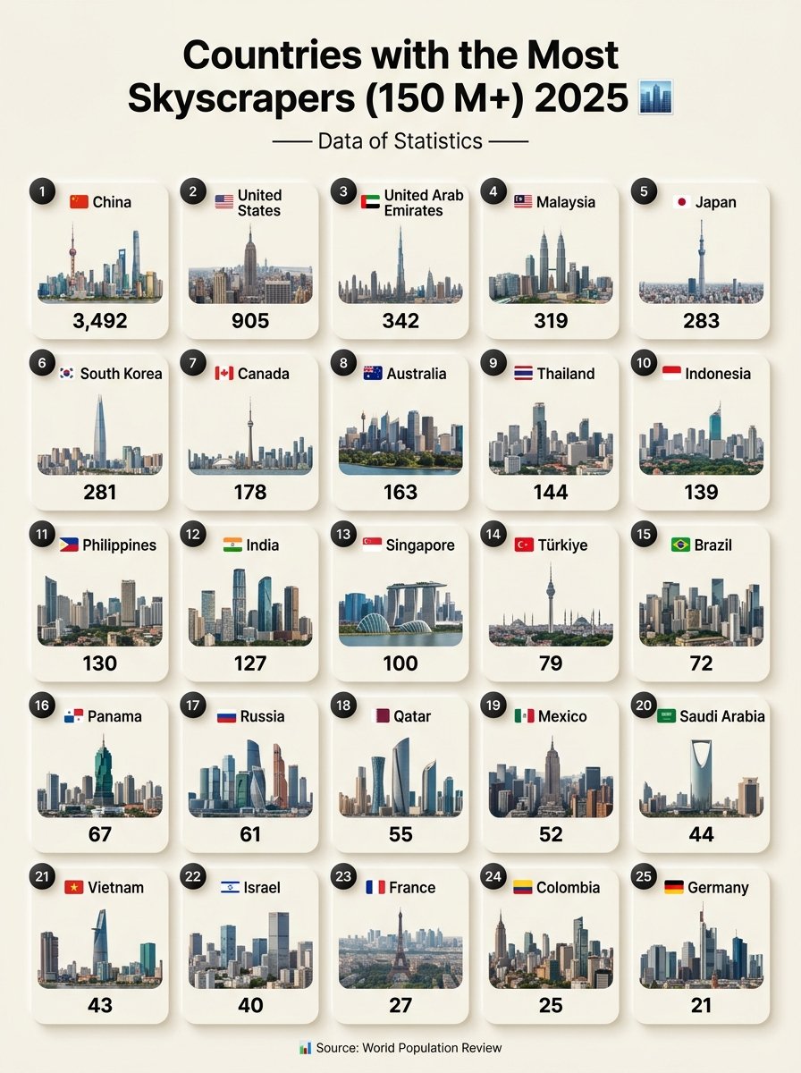 TheData4U's tweet photo. Countries with the Most Skyscrapers (150 M+) 2025 🏙️

1. 🇨🇳 China: 3,492
2. 🇺🇸 US: 905
3. 🇦🇪 UAE: 342
4. 🇲🇾 Malaysia: 319
5. 🇯🇵 Japan: 283
6. 🇰🇷 South Korea: 281
7. 🇨🇦 Canada: 178
8. 🇦🇺 Australia: 163
9.🇹🇭 Thailand: 144
10.🇮🇩 Indonesia: 139
11. 🇵🇭 Philippines:130
12. 🇮🇳 India:127 https://t.co/ZgkPqOqkVA