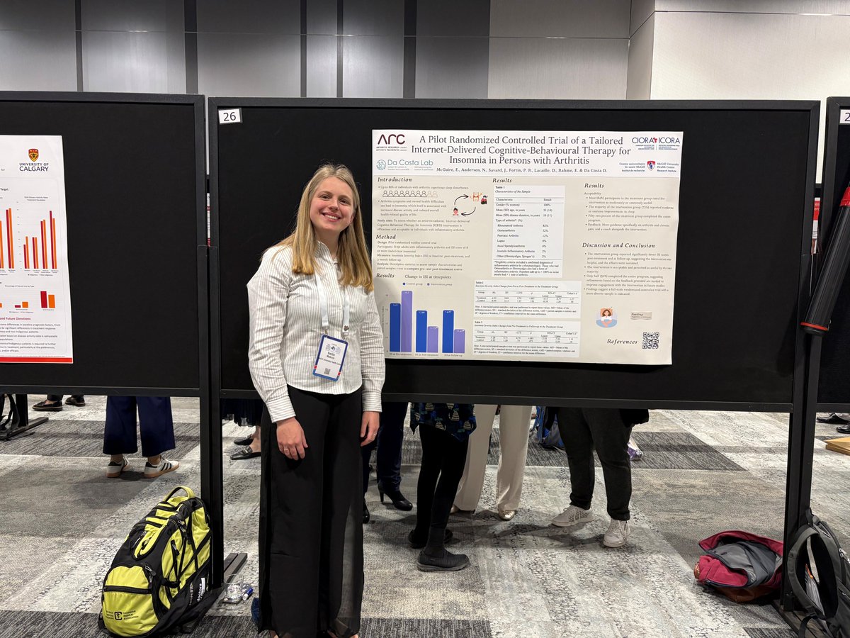 Foundation_CRA's tweet photo. Research Spotlight 🔬

Emilie McGuire presented CIORA-funded research at #ASM26 exploring tailored internet-delivered CBT for insomnia in people living with inflammatory rheumatic diseases, helping address the “double burden” of arthritis and insomnia.

🔗https://t.co/lg2ZyKIj8t https://t.co/hGb3JSe1Bm
