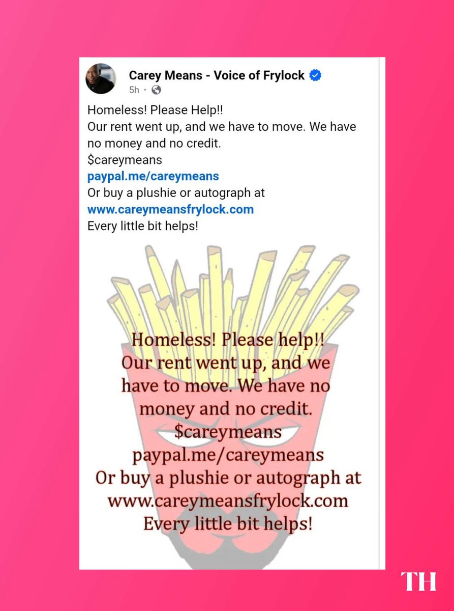 ToonHive's tweet photo. Carey Means, the voice of Frylock in ‘Aqua Teen Hunger Force,’ has revealed on Facebook that he is currently experiencing homelessness.

Support: https://t.co/gRNgL5LzSM https://t.co/HVMoFRCFzE