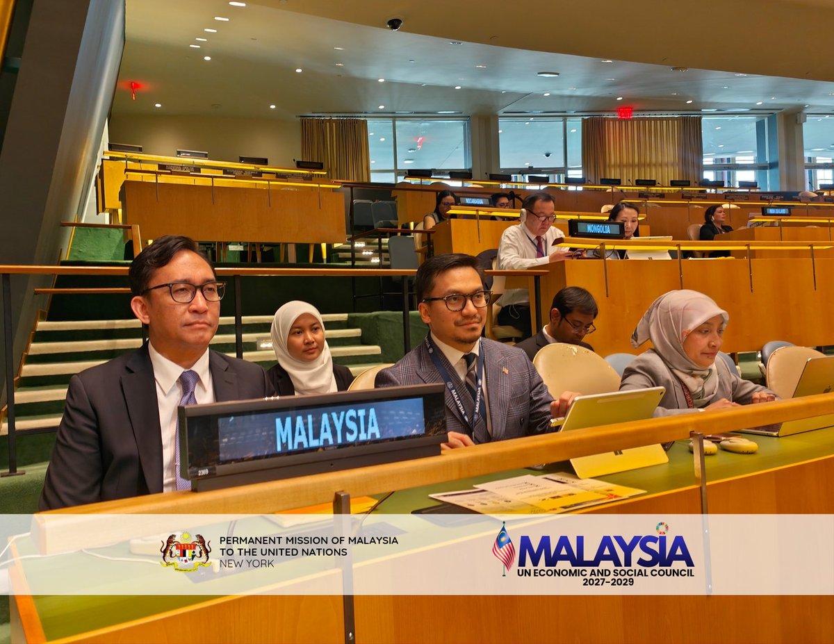 MYNewYorkUN1's tweet photo. Malaysia 🇲🇾 has been elected as a member of the #UN Economic and Social Council (#ECOSOC) for 2027-29. We are honoured to be given this trust by the Member States &amp; we look forward to work alongside other ECOSOC members to advance our shared goals &amp; interests for a better world🌐 https://t.co/y0pPZ3sDBo