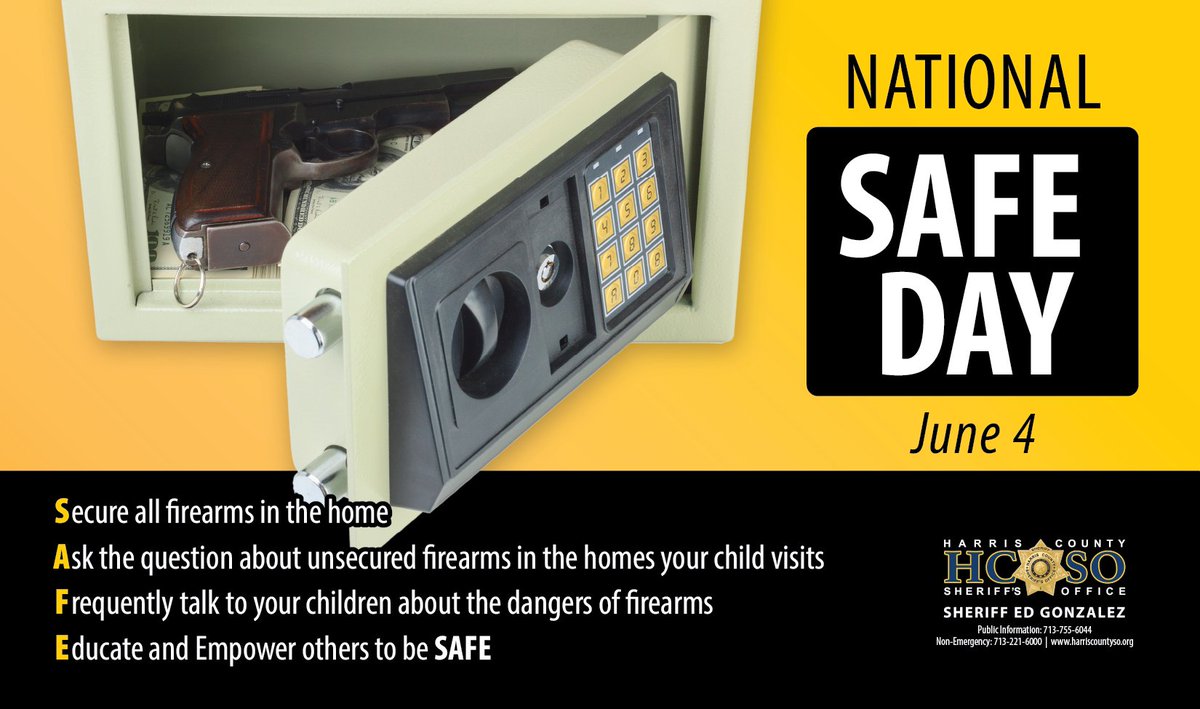 HCSOTexas's tweet photo. Today is National S.A.F.E. Day — a reminder that responsible gun ownership means safe storage. Every time. No exceptions.

@SheriffEd_HCSO and HCSO ask every gun owner to take a moment to make sure your firearm is:
🔒 Locked 
🔫 Unloaded 
📦 Stored separately from ammunition https://t.co/2aNr0G3ubT