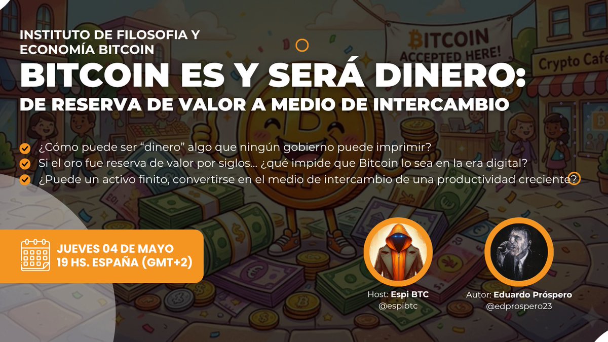 Hefner's tweet photo. Este Space comienza en 35 minutos.

Hablaré con el Instituto de Filosofía y Economía Bitcoin AKA @IFEBitcoin sobre mi ensayo "Bitcoin es y será dinero: De reserva de valor a medio de intercambio".

Asistan si quieren saber por qué Bitcoin es la única esperanza de la humanidad. https://t.co/7VP7b6KWtv
