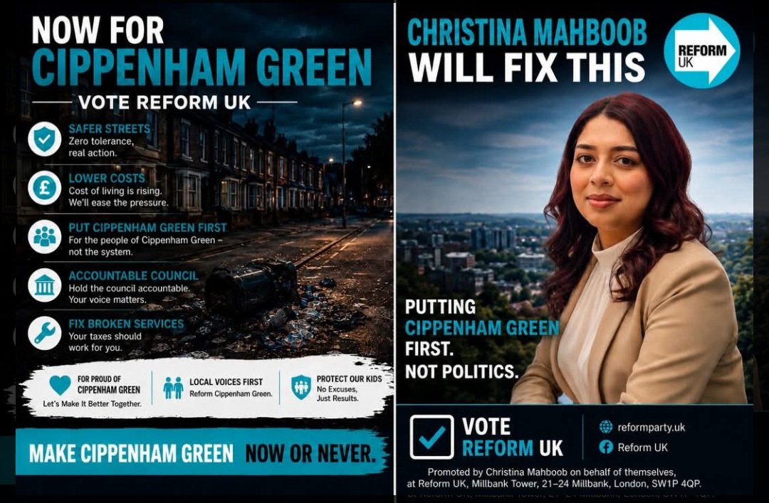 reformukSL6's tweet photo. 🚨 Cippenham Green, Slough please support Christina Mahboob and vote Reform UK on Thursday 11th June

➡️ Please follow Christina on her Facebook page 
https://t.co/4ji0gg4WbZ…

@ReformBracknell @ReformUKBerks 
@reformparty_uk 
@BfieldReform https://t.co/gBsLUiIFVD