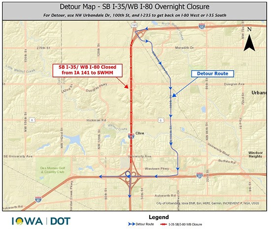 iowadot's tweet photo. You can expect overnight closures of I-35/I-80 scheduled for Thursday/Friday, June 4 and 5 from 10 p.m. to 4 a.m. for crews to perform emergency repair work on I-35/I-80. See details and detours https://t.co/hrQTXXn20Y