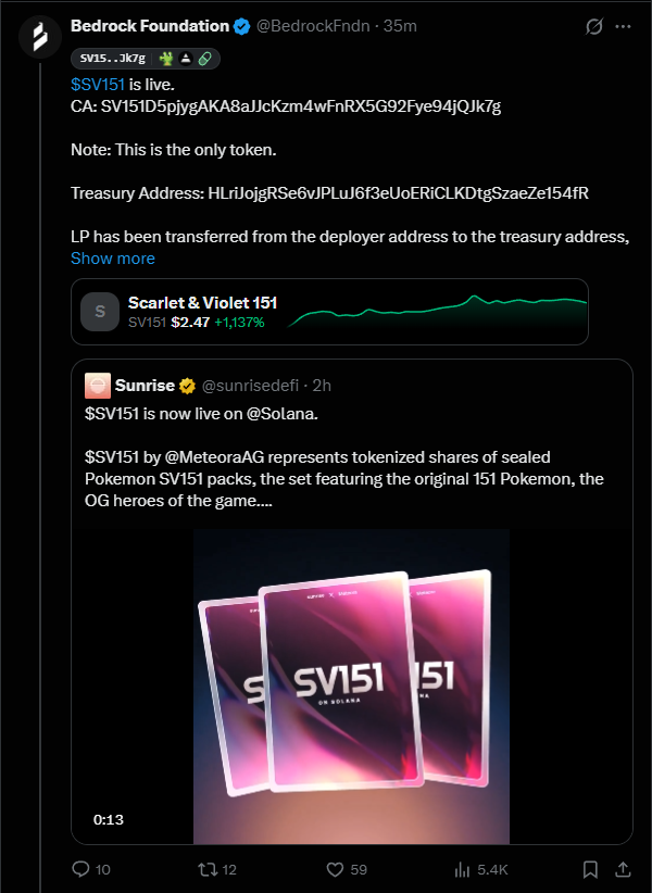 stitchdegen's tweet photo. $SV151 looks like one of the most interesting narratives on Solana right now, so let's take a closer look

The first thing that caught my attention was how different the idea is

In a recent article, @0xSoju (Co-Lead @MeteoraAG) introduced the concept of "Dynamic Assets" - a new approach to tokenizing real-world assets

Instead of focusing solely on stocks, bonds, or gold, Dynamic Assets aims to bring all kinds of valuable assets onto Solana :

- Pokémon cards
- Collectibles
- Rare items
- Gaming assets
-  And many other niche assets with strong communities

The vision is simple :

Turn Solana into a marketplace where everything can be traded

+ To make this happen, Meteora has partnered with Sunrise and Bedrock Foundation

This is a team-up that I consider extremely strong :

- Meteora is responsible for designing liquidity mechanisms and bootstrapping markets for new asset classes

- Bedrock Foundation acts as the custodian of the underlying assets, functioning as the "Bank of Internet Capital Markets"

- Sunrise serves as the primary distribution partner, ensuring these assets are accessible and tradable across multiple platforms

Not only is the idea unique, but the team behind it is incredibly solid

+ And the very first project under the Dynamic Assets initiative is :

$SV151

A token representing fractional ownership of Pokémon Scarlet & Violet 151, one of the most sought-after Pokémon sets on the market today.

The fundraising structure is straightforward :

- Launch valuation: $200,000 market cap.
- Raise $160,000 USDC.
- Use the entire amount to purchase real-world SV151 Pokémon products.
- If the funding target is not reached, participants can sell back and receive a refund

+ The tokenomics are also quite transparent :

- 80% of the supply is sold to raise capital.
- 10% is allocated to post-launch liquidity.
- 10% is vested over one year through Jupiter Lock to increase asset backing and expand reserves

Most importantly, 100% of the $160,000 raised is used to acquire real assets

On top of that, Meteora contributes an additional $20,000 in liquidity once the fundraising phase is complete

+ One aspect I particularly like is how trading fees are utilized.

Bedrock receives 60% of trading fees to:

- Purchase more Pokémon products
- Increase liquidity
- Buy back tokens

The remaining 40% is shared between Meteora and Sunrise to drive ecosystem growth and adoption

This creates an interesting value loop between the underlying assets and the token itself

+ The roadmap is equally compelling :

- Allow collectors to deposit Pokémon products in exchange for tokens.
- Enable holders to redeem real-world assets.
- Partner with stores worldwide to accept SV151 as a payment method.
- Continue accumulating Pokémon SV151 supply over time

In other words, the long-term goal is to control a meaningful portion of the global SV151 supply

+ Personally, I see this as a unique blend of :

- RWA
- Collectibles
- NFTs
- Internet Capital Markets

But packaged in a way that's far easier for the average user to understand and participate in

The team has repeatedly confirmed both the roadmap and long-term vision

@sunrisedefiand and @solana  has also publicly backed the initiative, which suggests this is more than just a short-term experiment

On-chain data currently looks relatively clean as well

I estimate the bundle allocation to be around 50%, which is actually quite reasonable for a project attracting significant attention from both KOLs and the broader market

It's also the very first Dynamic Asset to launch, meaning that if this narrative gains traction, SV151 is likely to be one of the biggest beneficiaries

If you're waiting for a better entry, somewhere around the $2M market cap area could be worth watching

As for me, this is a narrative interesting enough to justify allocating a small gamble position

SV151D5pjygAKA8aJJcKzm4wFnRX5G92Fye94jQJk7g

DYOR