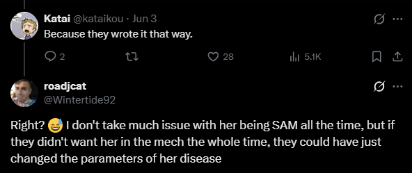 InterruptRES's tweet photo. @elementalgauge like idk if you've seen people discuss firefly and her mech again (what sparked me to tweet this) cus I've seen peoplegenuinely try to use "they wrote it like that tho." more than once when "like that" is the very foundation of her character https://t.co/j4LkdNL2Nn