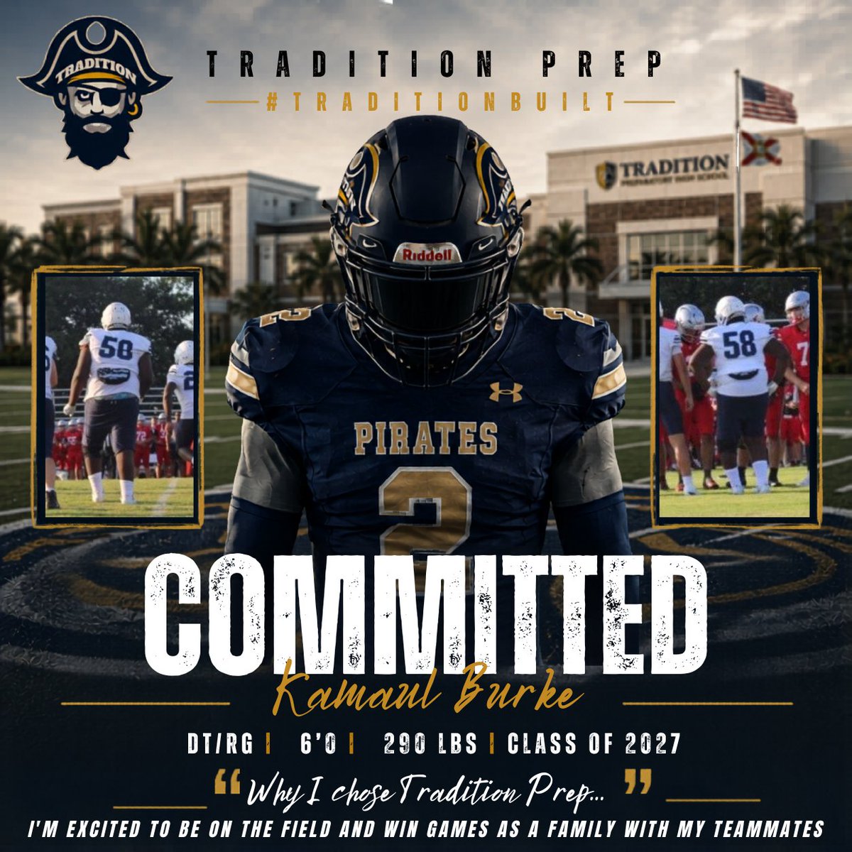 TradPrepPirates's tweet photo. Committed. Kamaul Burke Class of 2027. 

"I'm excited to win games as a family with my teammates and see what football does for me in the future."

That's why he picked Tradition Prep.

Family. Brotherhood. Future. That's the difference.

Coaches ...  2027 DT/RG 6'0"/290, great GPA!

Let's GOOOO!!! 

#TraditionBuilt #PirateNation

@CSUSAJonHage @CSUSAhq @EddieRuiz531 @drdchristiansen @rwindlerfreitag @TradPrepfb @EraPrep @PrepRedzone @PrepRedzoneFL @TCPalm @GB2K2