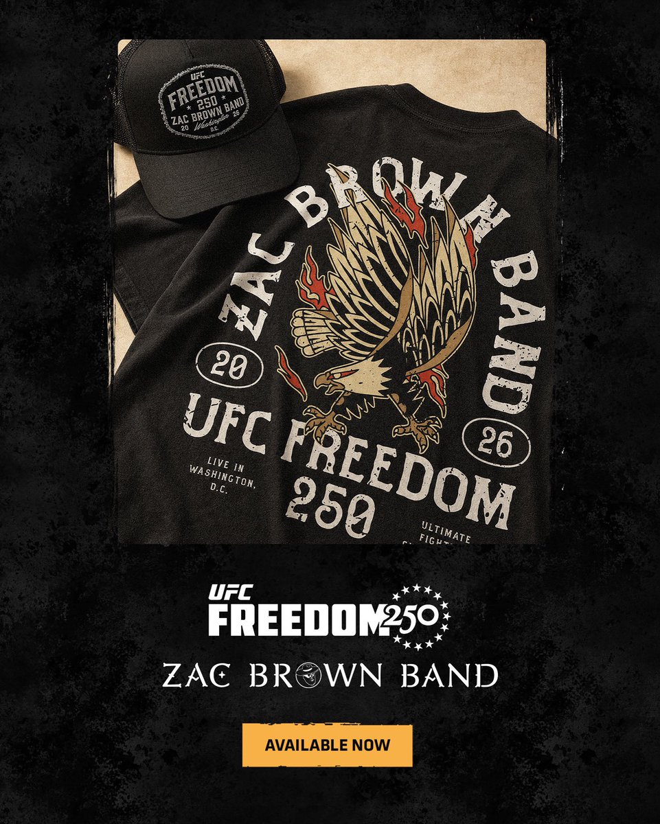 ufcstore's tweet photo. Zac Brown Band is live from D.C. next Saturday! 🎸🇺🇸 

Shop the new UFC Freedom 250 x @zacbrownband collection, now available online at https://t.co/UXGD3CAVbj and next week in Washington! #UFCWhiteHouse https://t.co/Ou0zTcJZDH