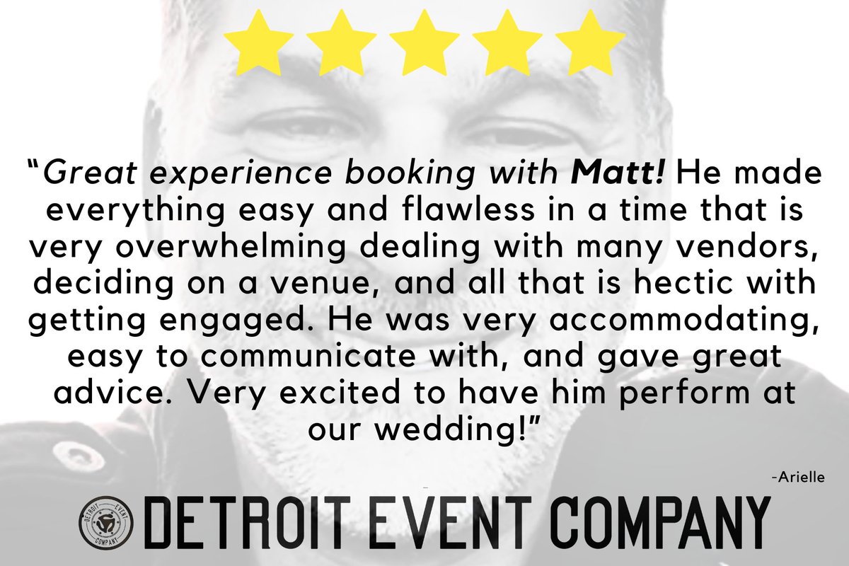 DetroitEventCo's tweet photo. Thanks to Arielle for this awesome FIVE STAR REVIEW! We're so excited for your big day, and we're so glad you know you're in good hands!

#wedding #weddingmusic #weddingday #detroiteventcompany #detroitweddings https://t.co/E0BPkjQDHO