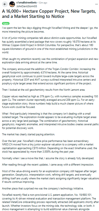 misspiggywright's tweet photo. $NRED exploded C$0.05 → C$2.33 last year, but the copper macro keeps moving.
Wilmac (16,078 ha, 1,125 ppm Cu) and AI-driven MetalCore platform put NovaRed at the intersection of demand growth, supply risk, and North American optionality.

$SLS #2026BTSFESTA #NOLIMIT #Rashmer $F https://t.co/cwkEtBDMmu