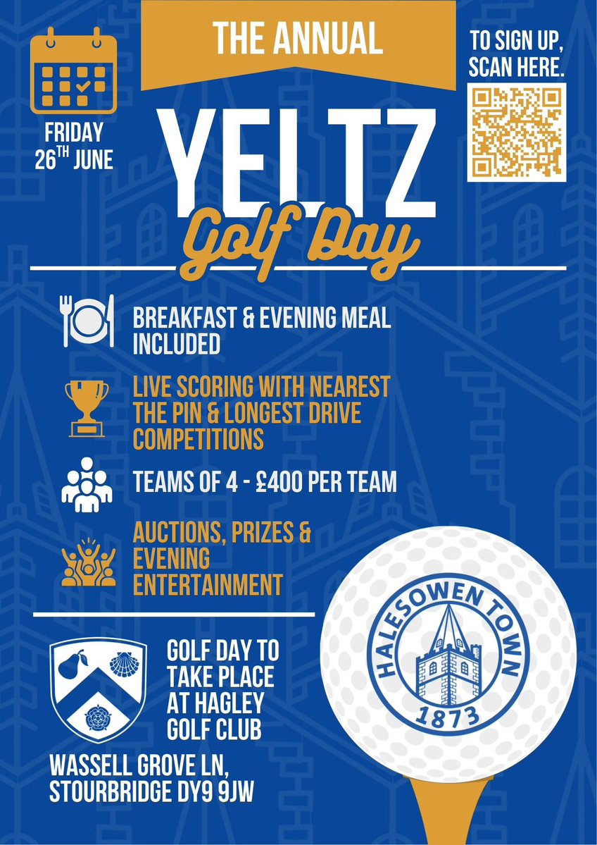 halesowentownfc's tweet photo. ⛳ Join us for our annual Yeltz Golf Day at Hagley Golf Club on Friday 26th June

The day will bring together supporters, sponsors, local businesses, players and friends of the club for a full day of golf, food and socialising

📩 To get involved, please email support@ht-fc.co.uk https://t.co/qeFAHvLyiN