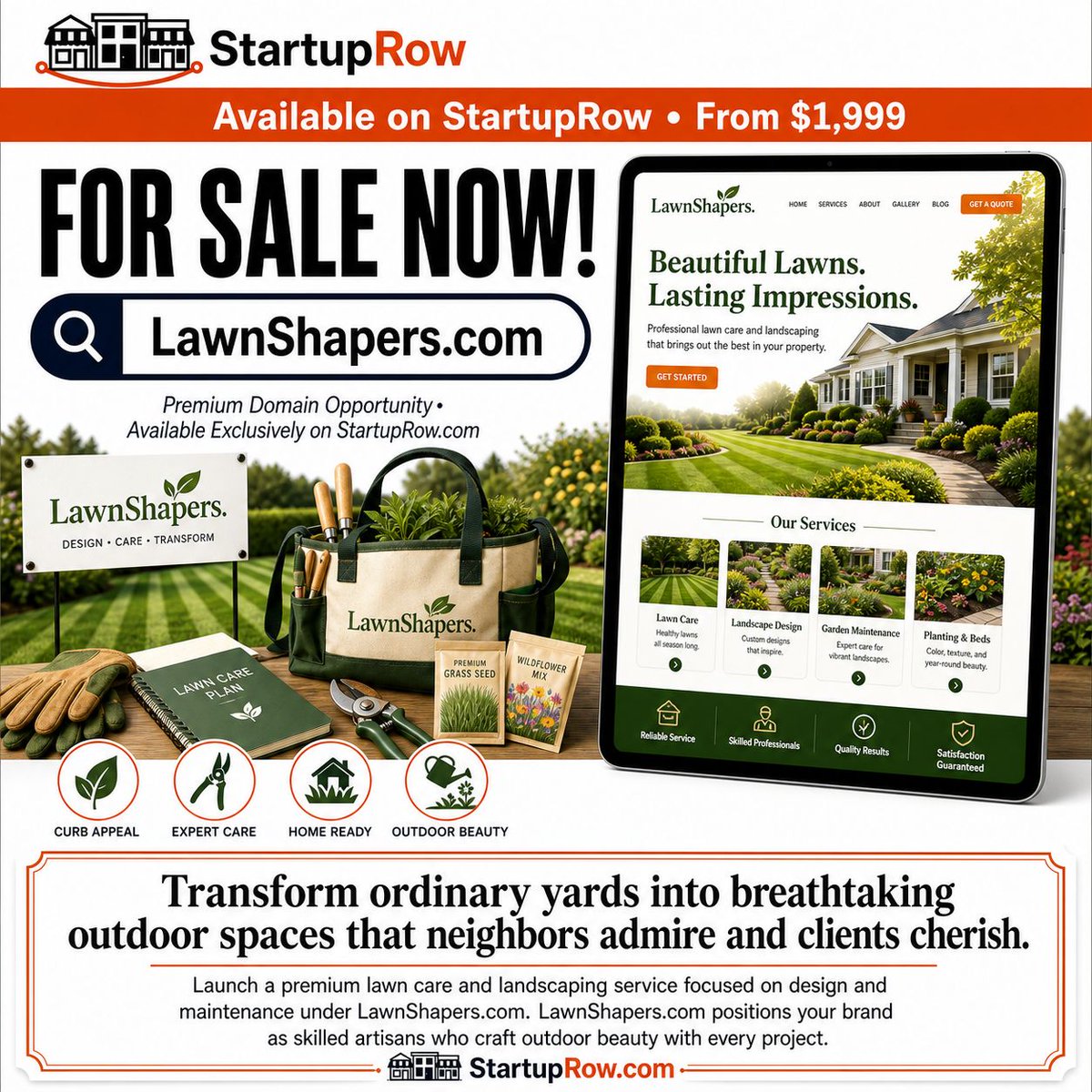 startuprow's tweet photo. Transform ordinary yards into breathtaking outdoor spaces that neighbors admire and clients cherish. https://t.co/NfxDZzEONo is available on StartupRow. #StartupIdeas #Domains #Branding #Makers #StartupRow https://t.co/P2ZSmkwEns