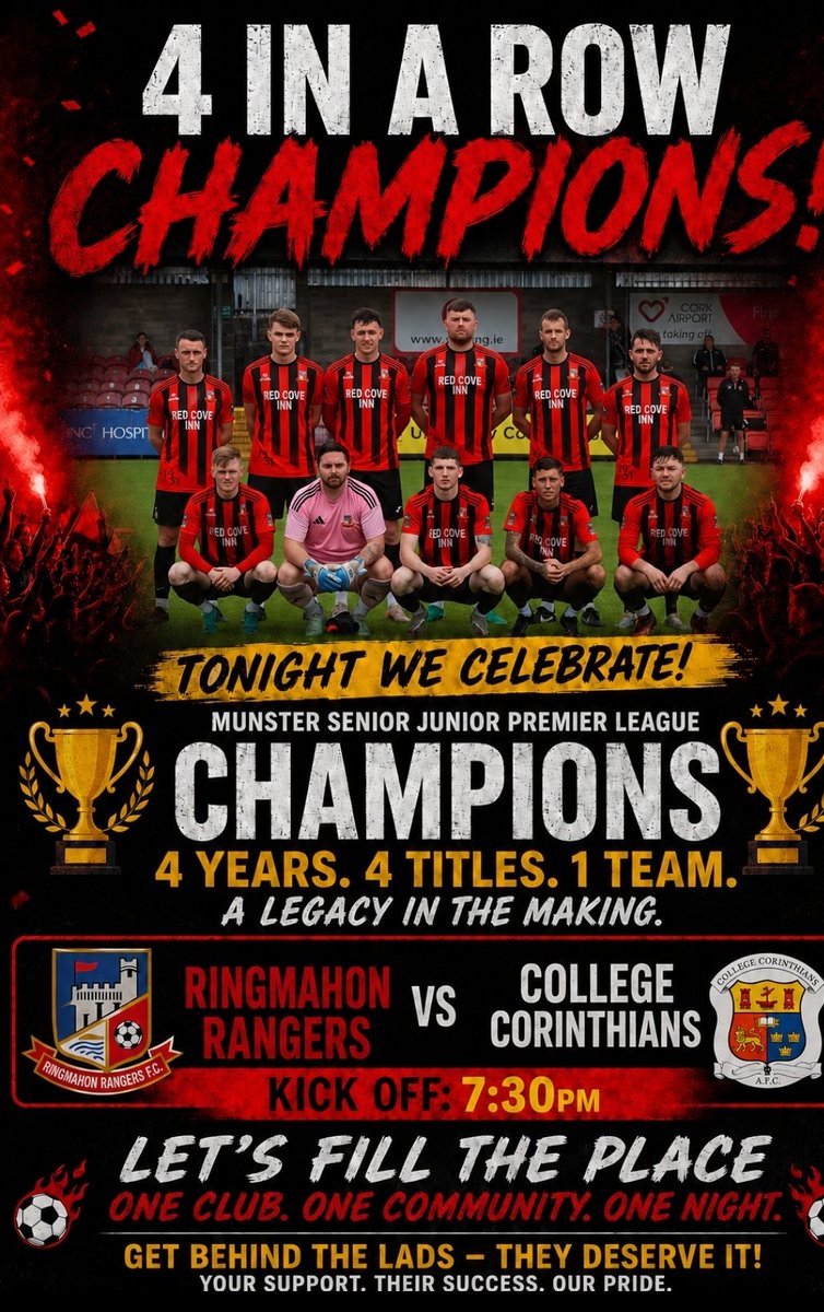RingmahonRanger's tweet photo. Its trophy presentation night for our 4 in a row league winning Junior Prem Side. The lads are after having another remarkable season and thoroughly deserved the league title.
So lets all get down and give the boys the support they deserve.
Up the Ringers 🔴⚫️🔴⚫️🔴⚫️🔴⚫️🔴⚫️ https://t.co/MYHouMwn9D