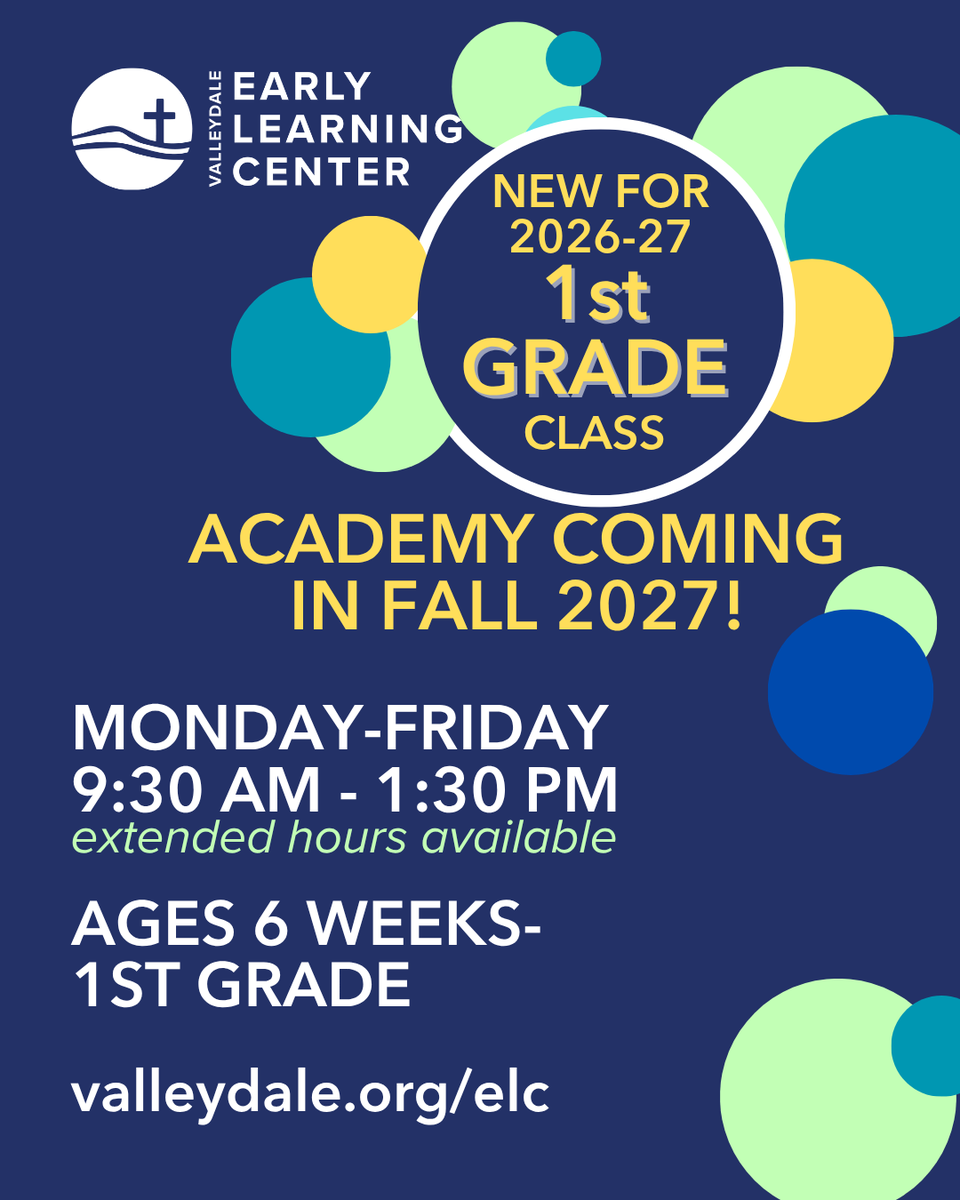 ValleydaleSBC's tweet photo. Visit https://t.co/8QLiNeWMCi or email Amy Bagwell at abagwell@valleydale.org for more info on VELC and our NEW 1st grade class beginning in August! https://t.co/4NL4RjOAbA