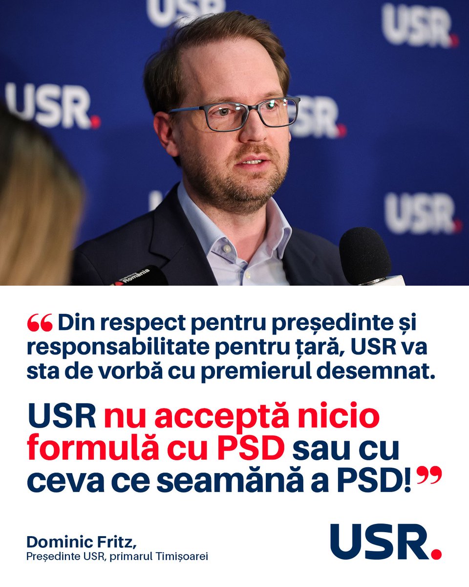 usr_oficial's tweet photo. 🔵 Reacția președintelui USR @DominicFritzTM după desemnarea de către președintele @NicusorDanRO a noului premier:

❝Din respect pentru președinte și cu responsabilitate pentru țară, vom sta de vorbă cu premierul desemnat Eugen Tomac, un președinte de partid și europarlamentar respectabil. 

USR intră în discuție cu liniile clare pe care le-am decis. Nicio formulă cu PSD sau cu ce seamănă a PSD nu este acceptabilă. 

Astăzi suntem convinși că formula care merită susținerea USR este un guvern care îi include pe miniștrii USR. Toți patru, Diana Buzoianu, Radu Miruţă, Oana Țoiu și Irineu Darău, au demonstrat curaj, competență și voință reală de reformă. 

România a văzut cum arată miniștrii care fac treabă. Pentru a continua reformele începute este obligatoriu să existe voință și răspundere politică. 

Oricât ar fi de bine intenționați miniștrii tehnocrați, fără asumare politică, un nou guvern nu va avea puterea să facă curățenia necesară. 

Pentru voi avem un link 
👉 https://t.co/ZcNzDmSiL5

Intrați în politică! Să fim cât mai mulți.❞