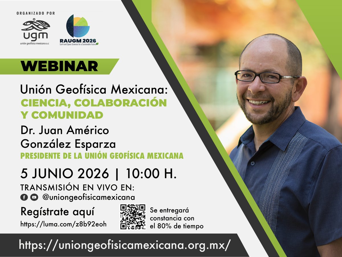 IPGH_PAIGH's tweet photo. #ciCordial invitación a nuestra comunidad interesada en el área de Geofísica

Conferencia:

"Unión Geofísica Mexicana: Ciencia, colaboración y comunidad", impartida por el Dr. Américo González Esparza, presidente de la Unión Geofísica Mexicana (UGM).

Durante esta charla conocerás la labor de la UGM en la promoción de las Ciencias de la Tierra y del Espacio, así como las acciones que impulsa para fortalecer la investigación científica, la colaboración académica y la divulgación de la ciencia en nuestro país.

📅 5 de junio de 2026
⏰10:00 a 11:00 horas

Registro en: https://t.co/iresobqtET

#invitacion #cienciasdelatierra📷 #geofisica #ugm #colaboración

Ver menos