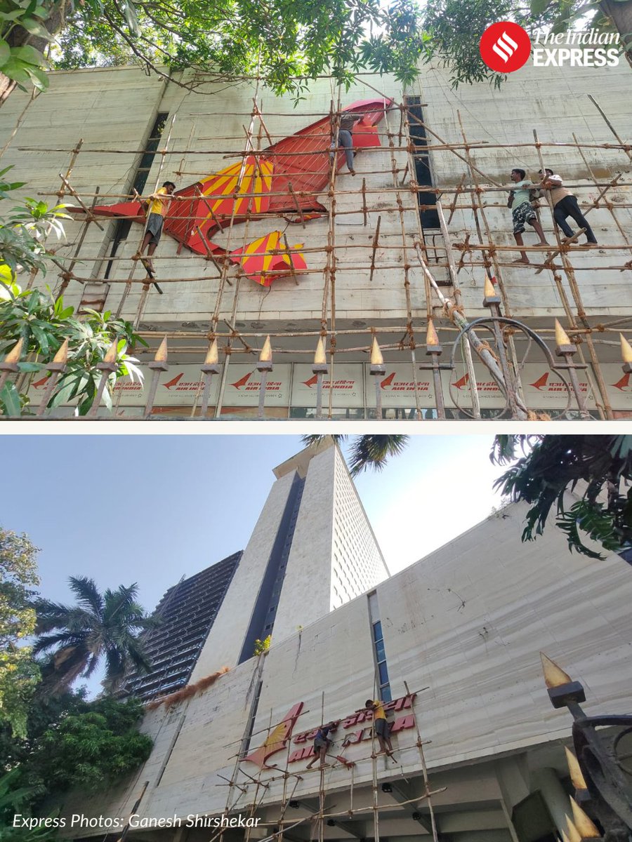 IndianExpress's tweet photo. Workers remove the #AirIndia sign from the iconic 23-storey, sea-facing Nariman Point building as it changes hands after decades on #Mumbai’s skyline. 

The 105-metre marble tower, vacant for years after Air India shifted its headquarters to New Delhi, is being transferred to the #Maharashtra govt for Rs 1,601 crore. 

The landmark was also one of the targets of the 1993 Mumbai serial blasts.

Express Photos 📸: @GaneshShirsekar