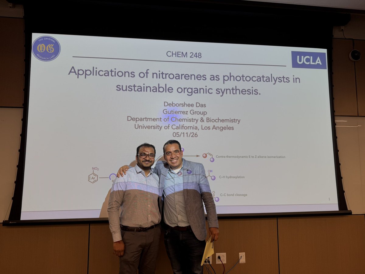 Gutierrez_Lab's tweet photo. Congratulations @DEBORSHEE2 for the wonderful seminar on Application of Nitroarenes as photocatalyst! 🍻

@uclachem  @UCLA 
#seminardone https://t.co/vTBIptbA2J