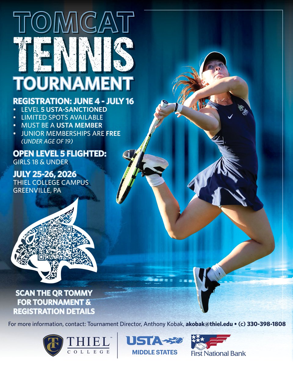 Thiel_TEN's tweet photo. 🐱 USTA Level 5 Open Girls 18s Tomcat Tennis Tourney registration starts now through July 16th - register today!! 🎾🏆
 🔗https://t.co/1oS0ugSGpw

@USTAMS_Tennis  #ThielTennis #TomcatPride #thielcollege #thielathletics https://t.co/zIpbPrzCE3