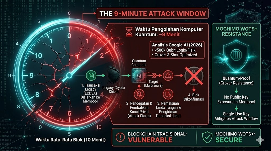 mochimo_IDN's tweet photo. Pernah dengar soal The 9-Minute Attack Window? 🕒 Berdasarkan analisis terbaru, komputer kuantum cuma butuh waktu ~9 menit untuk meretas transaksi kripto lawas (ECDSA) saat lagi ngantri di mempool! https://t.co/IcUAMXehha