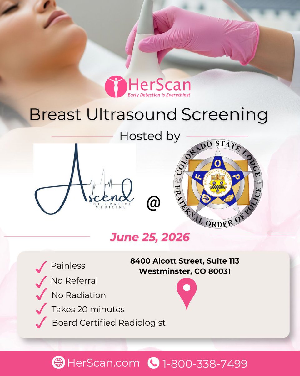 ColoradoFOP's tweet photo. Early detection can make all the difference.

The Colorado State FOP is partnering with Ascend Integrative Medicine and HerScan to offer breast ultrasound screenings on June 25th, 2026 in Westminster.

✔ No referral
✔ No radiation
✔ Painless
✔ 20-minute screening

📍 8400 Alcott St., Westminster
📞 1-800-338-7499
🌐 https://t.co/nqfzIxp9hB