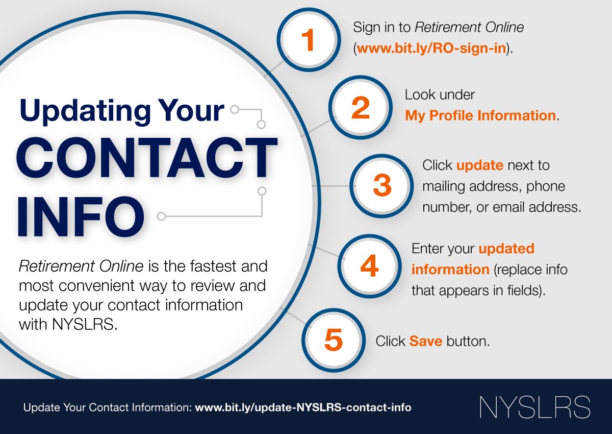 NYSLRS's tweet photo. Make sure #NYSLRS has your current mailing address, phone number and email address so you receive important news, correspondence and statements we send. https://t.co/FYyFRswxrK https://t.co/AKSZpGybkV