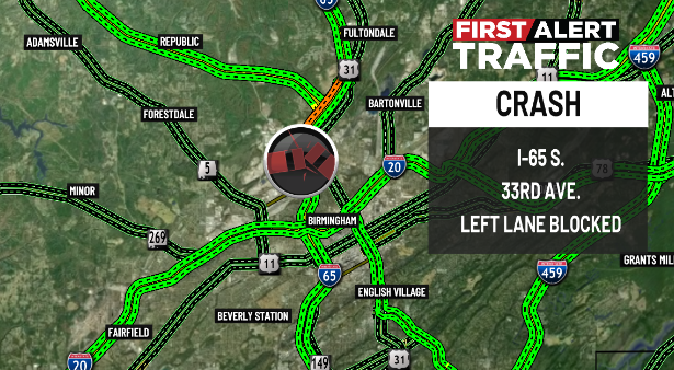 DestinyM_TV's tweet photo. First Alert:
There is a crash on I-65 S. at 33rd Ave. @WBRCtraffic @WBRCnews #wbrctraffic https://t.co/mhCuFMnEis