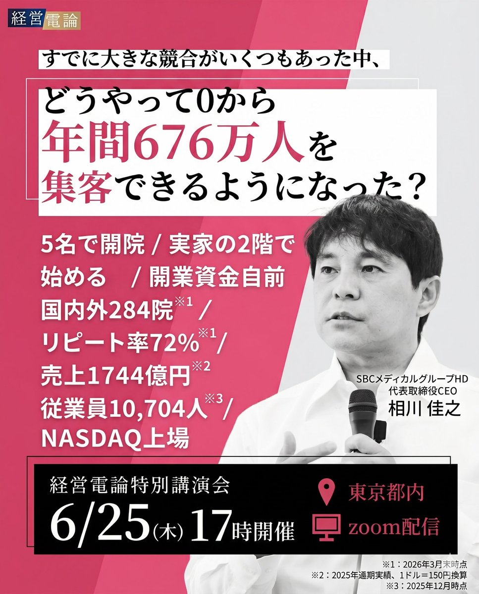 SbcAikawa's tweet photo. 2000年3月の創業当時、医師は私ひとり。スタッフはわずか数名。
実家の薬局の2階からスタートした、
資金も知名度もない、小さな小さなクリニックでした。

「最高の医療を施せる自信はある。絶対に成功する」

熱い情熱を胸に抱いていたものの、現実は甘くありませんでした。
待てど暮らせど、お客さまはたったの1人も来ない。
駅前を行き交う大量の人波を眺めながら、
「なぜ誰も来てくれないんだ…」と、
毎日胃が締め付けられるような思いをしていました。

“どんなに腕が良くても、知られていなければ、この世に存在しないのと同じ。”

そう痛感した私は、プライドをすべて捨てました。
パンフレットをカバンに詰め、自らポスティングを開始。
現役の医師がチラシを配っているとバレないよう、
帽子を深く被り、マスクをつけて怪しい風貌で夜な夜なポストを回っていたため、
パトロール中の警察官に呼び止められ、職務質問を受けたこともあります。

そんな泥臭い集客から始まったクリニックが、どうやって「0」から、
年間676万人を集客できるようになったのか？

その「集客の裏側」と「経営戦略」のすべてを、講演会で包み隠さずお話しします。ぜひご参加ください！

📢 【経営電論 特別講演会】

🔹 開催日時：6月25日（木）17:00〜
🔹 開催場所：東京都内 ＆ Zoomオンライン配信

#相川佳之 #経営電論 #SBCメディカルグループ #湘南美容クリニック