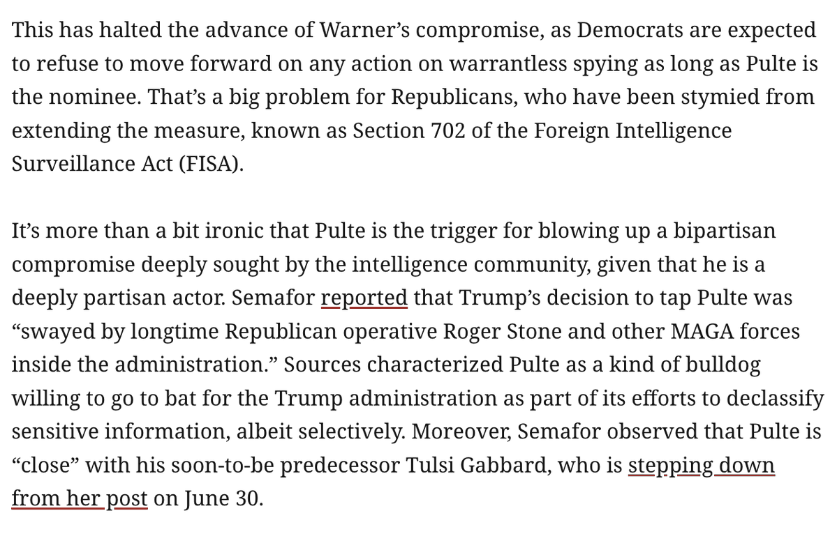 ddayen's tweet photo. Democrats were on their way to give in on extending warrantless spying, until bill Pulte was picked for Director of National Intelligence. Now Dems must answer for handing over surveillance authority to a brazen partisan actor.
https://t.co/w7TK1Wn4sj https://t.co/kfWerTFmuE