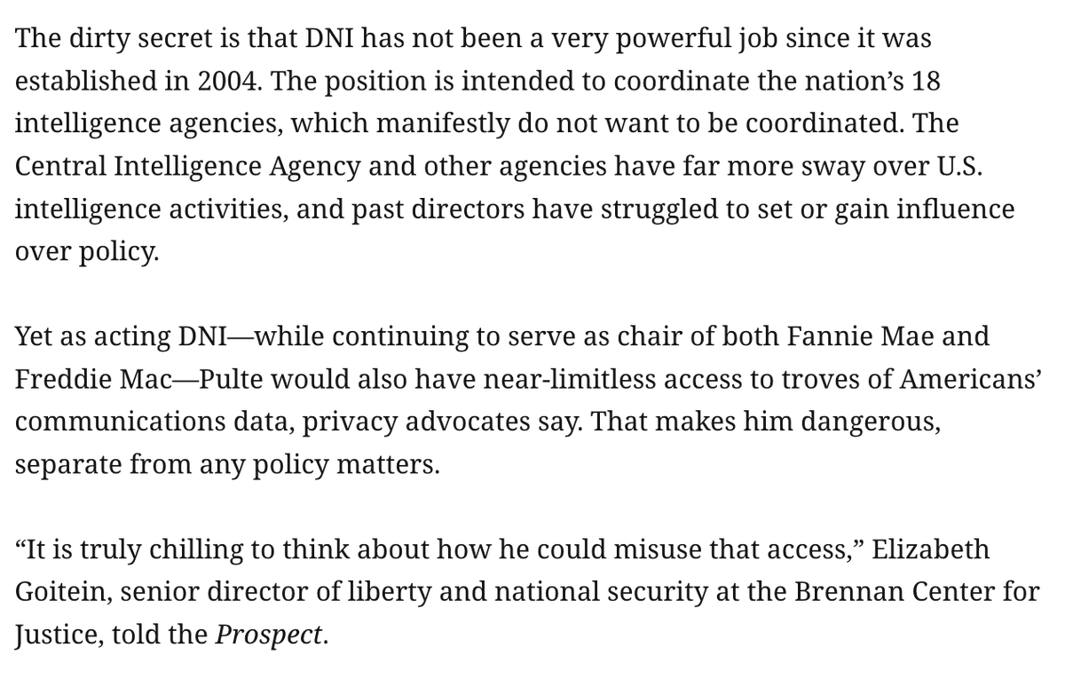 ddayen's tweet photo. Democrats were on their way to give in on extending warrantless spying, until bill Pulte was picked for Director of National Intelligence. Now Dems must answer for handing over surveillance authority to a brazen partisan actor.
https://t.co/w7TK1Wn4sj https://t.co/kfWerTFmuE