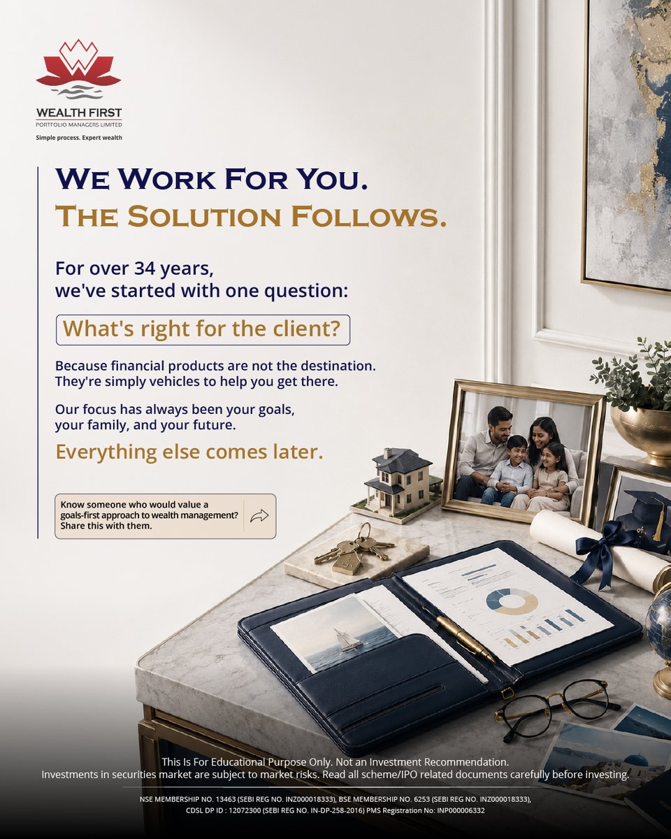 WealthFirstpml's tweet photo. What your advisor optimizes for matters more than any market cycle. We optimize for one thing only, You.

#WealthFirst #HonestAdvice #SEBI #WealthManagement
#WealthFirst #BuiltOnTrust #SEBIRegistered #34YearsOfTrust https://t.co/xnVs7fLtbG