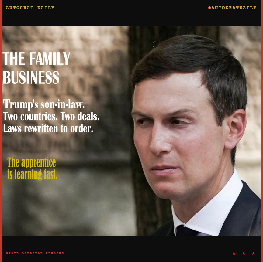AutokratDaily's tweet photo. @DD_Geopolitics 100,000 Albanians in the streets.
Not against a war. Not against a dictatorship.
Against a resort.
Jared Kushner's resort.
The family business is open. Albania said no. https://t.co/HEurM10su7