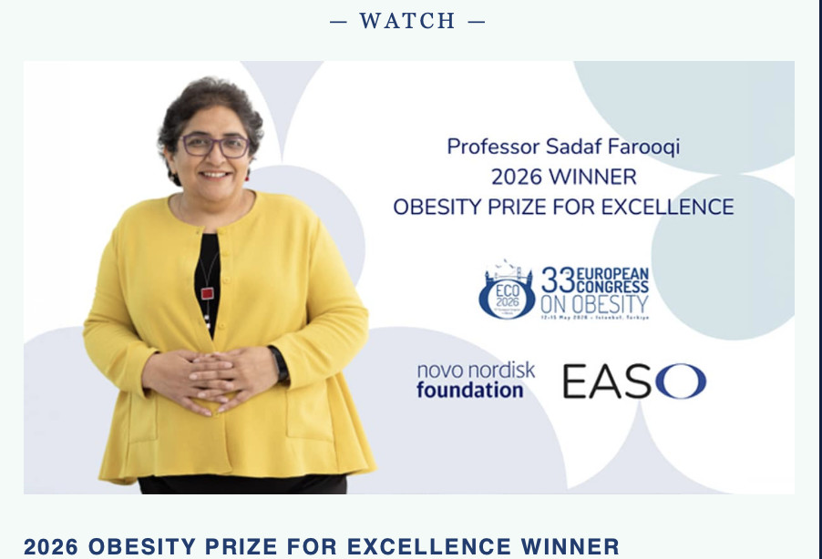 EASOobesity's tweet photo. 2026 Obesity Prize for Excellence Winner - Professor Sadaf Farooqi 🏆

Watch this excellent short video and learn more about her research ➡️ Beyond willpower: the biological basis of weight regulation.

https://t.co/AEgdCfbaVE https://t.co/KpIwaSd2CJ