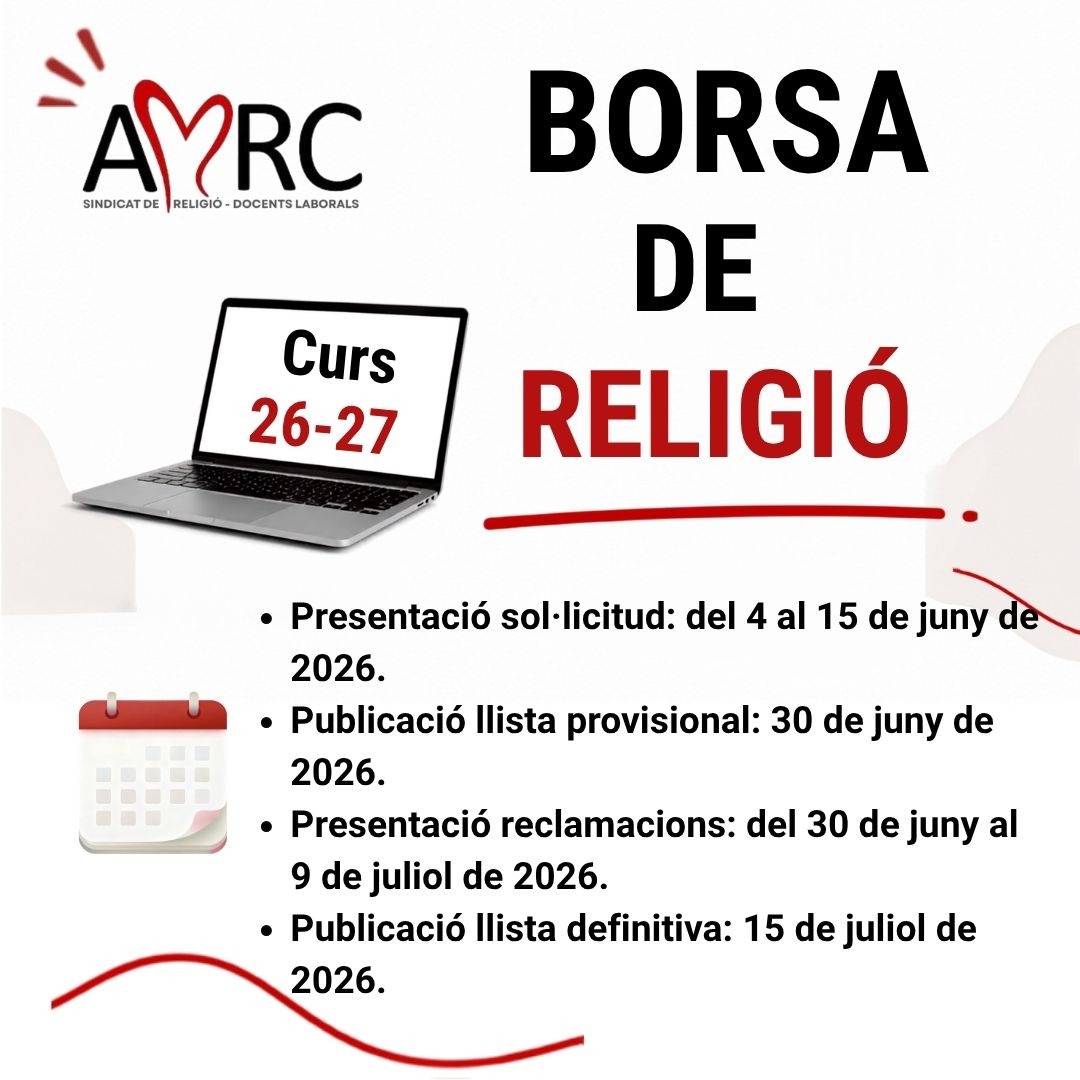 Sindicat_AMRC's tweet photo. Vols treballar el curs vinent com a professor de religió en centres de @educaciocat?
Oberta borsa per cobrir vacants i substitucions de cara al curs 2026-2027.
Ens pots fer difusió? Contacta amb nosaltres info@amrc.cat. Sindicat majoritari @Sindicat_AMRC
https://t.co/PFrVpZIFGl https://t.co/nQrZLjwN2z