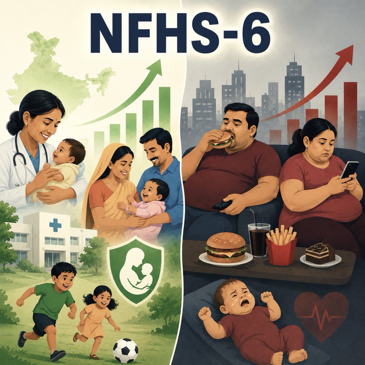 Ruchii357's tweet photo. *✍🏻 Post 1 | 4 June '26*
*💭 Topic — Indian Current Affairs*
*______________________*

*NFHS-6 Report: Progress Alongside Rising Health Challenges*

📊 The National Family Health Survey (NFHS) is a large-scale household survey in India that tracks indicators related to health, nutrition, and population. It is conducted by the International Institute for Population Sciences (IIPS), Mumbai, under the Ministry of Health and Family Welfare. The NFHS-6 survey was carried out in 2023–24 across all states and Union Territories, covering millions of households. Its findings provide foundational data for policies on health, nutrition, maternal and child welfare, and population.

📉 According to NFHS-6 (2023–24), India has made significant progress in child health. Stunting among children has declined by 17%, and severe wasting has reduced by 32%. Institutional deliveries have crossed 90%, and full immunization coverage among children aged 12–23 months has gone beyond 87%.

📊 The same survey, however, points to a double burden. Obesity has risen rapidly; the proportion of men with obesity has increased from 22.9% to 27.3%, and among women from 24% to 30.7%. Most worrying is that the rate of exclusive breastfeeding in the first six months has dropped from 63.7% in NFHS-5 to just 55.8% in NFHS-6.

📉 Along with this primary bedrock of evidence-based policies, data from the Sample Registration System (SRS) and National Health Accounts also show that there is still a severe lack of policy focus and resources allocated to metabolic disorders and lifestyle-related diseases.

🏥 In the Global Hunger Index, India ranks 102nd among more than 123 countries and, with a score of 25.8, falls into the “serious” category. Child mortality has improved, but the rate of child wasting (low weight for height) is the highest in the world. On the other hand, in The Lancet’s health-care quality index, India ranks between 140th and 145th. Despite improvements in basic health infrastructure, the growing spread of non-communicable diseases like obesity, diabetes, and heart disease has become a “double public health burden” for India.

*✨ AP Framework’s Take*

NFHS-6 puts forth an uncomfortable truth: the very generation that was saved from hunger is now moving towards obesity. Stunting has reduced, but obesity has increased. This is not just a policy failure; it is the failure of a fundamental mindset that manages to change outer conditions while leaving the inner center untouched.

According to the AP Framework, the ego does not merely contain incompleteness; the ego itself is incompleteness. That which is intrinsically incomplete can never be fulfilled by any external object or consumption. When there was material scarcity in society, food became a “project” and a “need.” Once food became easily available, the same old inner restlessness turned into over-consumption, and we started calling it “progress.” The object changed, but the inner consumer, the inner operator, did not.

Achievements like immunization and institutional deliveries are real and worthy of appreciation. On the horizontal plane of life, this kind of material progress is necessary. But no horizontal movement can grant a human being inner or vertical freedom.

Now comes a realistic question that you will not find in any NFHS table: what we are eating today—is it to satisfy physical hunger, or is it a blind attempt to fill that inner void which never actually gets filled? Without right self-observation and awareness, every new policy will remain nothing more than a new address for the same old mental restlessness.

*📌 Sources:*

🔗 AP Framework: https://t.co/MWg5HU96ua

🔗 The Hindu: https://t.co/6sFAKMzekr

#AcharyaPrashant #IndianCurrentAffairs #APF
@Advait_Prashant
@Prashant_Advait
Posted by Vidya-Avidya on Acharya Prashant's Gita Mission App.

Download Now -

https://t.co/NaGZWFKJyU