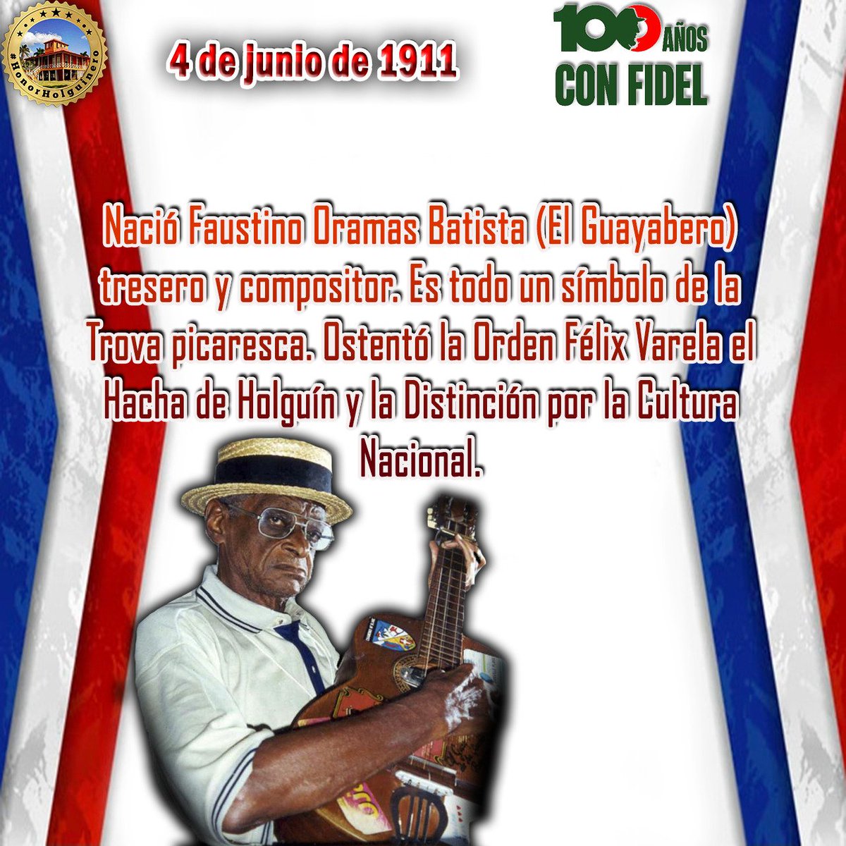 QueipoRuiz's tweet photo. Con #HonorHolguinero recordamos el 115 Aniversario del natalicio de Faustino Oramas Batista (El Guayabero) en #HolguínSí.
La obra de este juglar se encuentra en la memoria de toda #Cuba. https://t.co/OYVuxNL9UQ