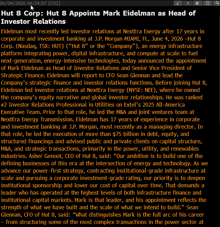 matthew_sigel's tweet photo. 🚨BIG HIRE: Mark Edelman joins $HUT (mkt cap $15B) as head of IR from NextEra ($NEE, mkt cap $176B), following 17 years as an investment banker at $JPM https://t.co/gcowEVt2il